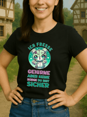 Ich fresse Gehirne aber keine Sorge du bsit Sicher Deutsch mockup Kawaii Horror Shirt aus Creepywonderland