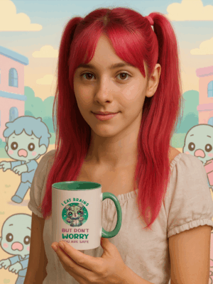 Maedchen-mit-Rosa-Haaren-hat-eine-Tasse-von-Creepy-Wonderland-in-der-Hand-Die-Aufschrift-der-Tasse-I-eat-brains-but-do-not-worry-you-are-Safe-In-der-Mitte-ist-ein-Kawaii-zombibaer-abgebildet.png